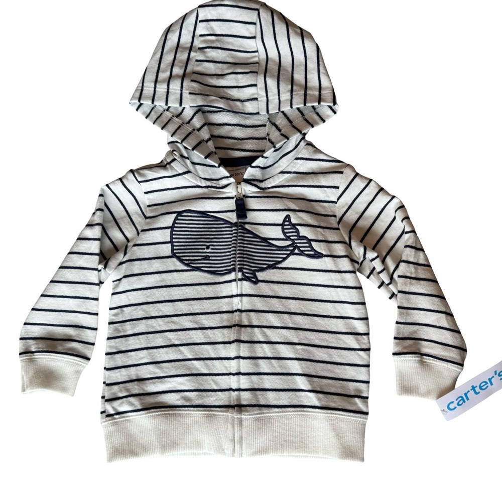 Carter’s Toddler Full Zip Hoodie Jacket 18MOS Navy Striped Whale Cotton Nautical